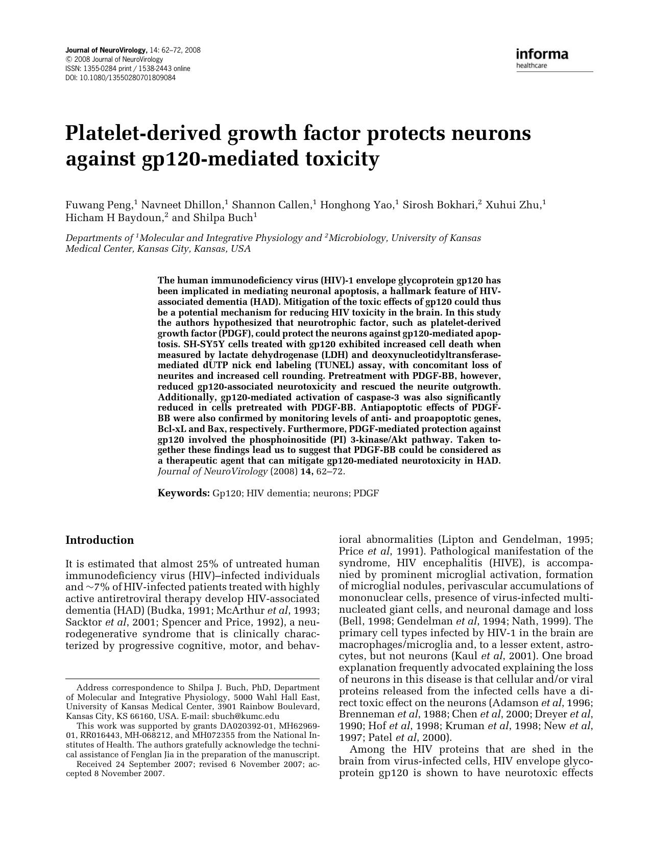 Platelet-derived growth factor protects neurons against gp120-mediated toxicity by Unknown