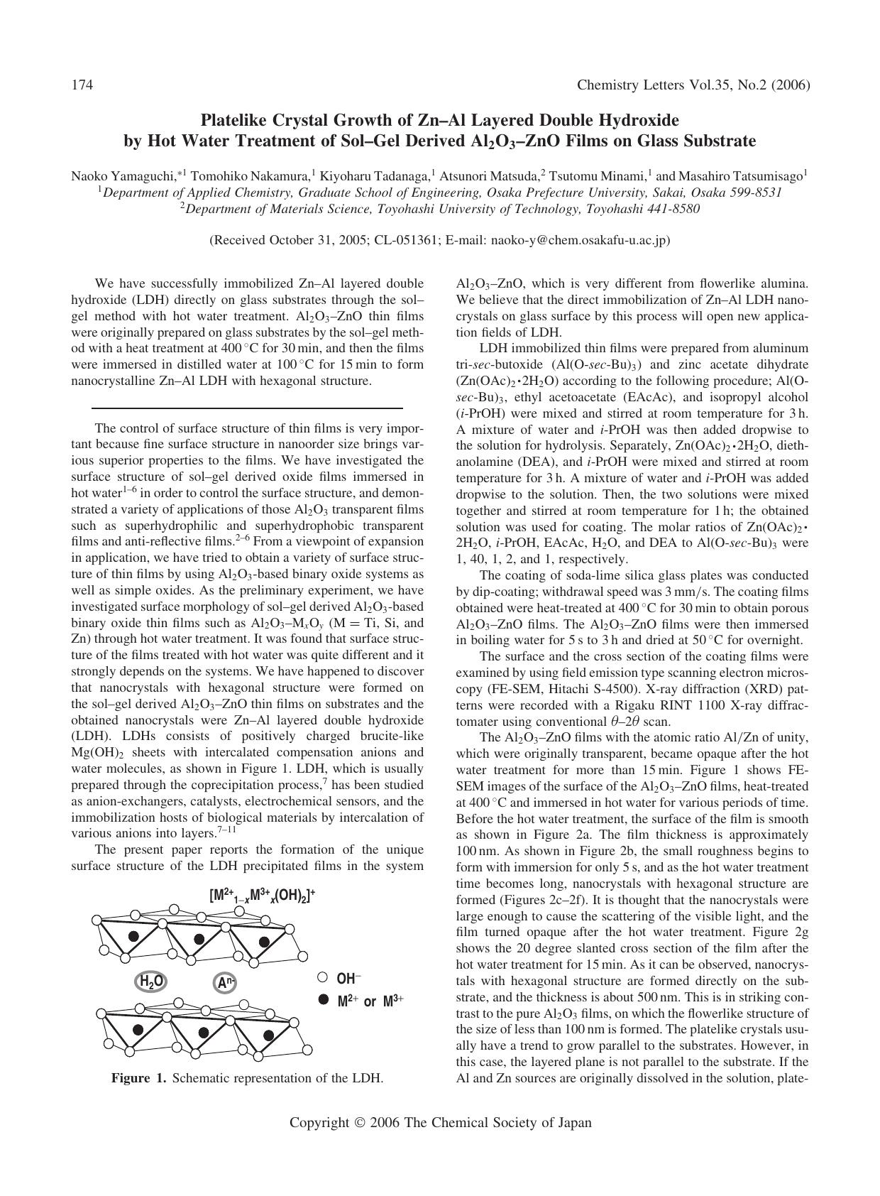 Platelike Crystal Growth of Zn--Al Layered Double Hydroxide by Hot Water Treatment of Sol--Gel Derived Al_{2}O_{3}--ZnO Films on Glass Substrate by unknow