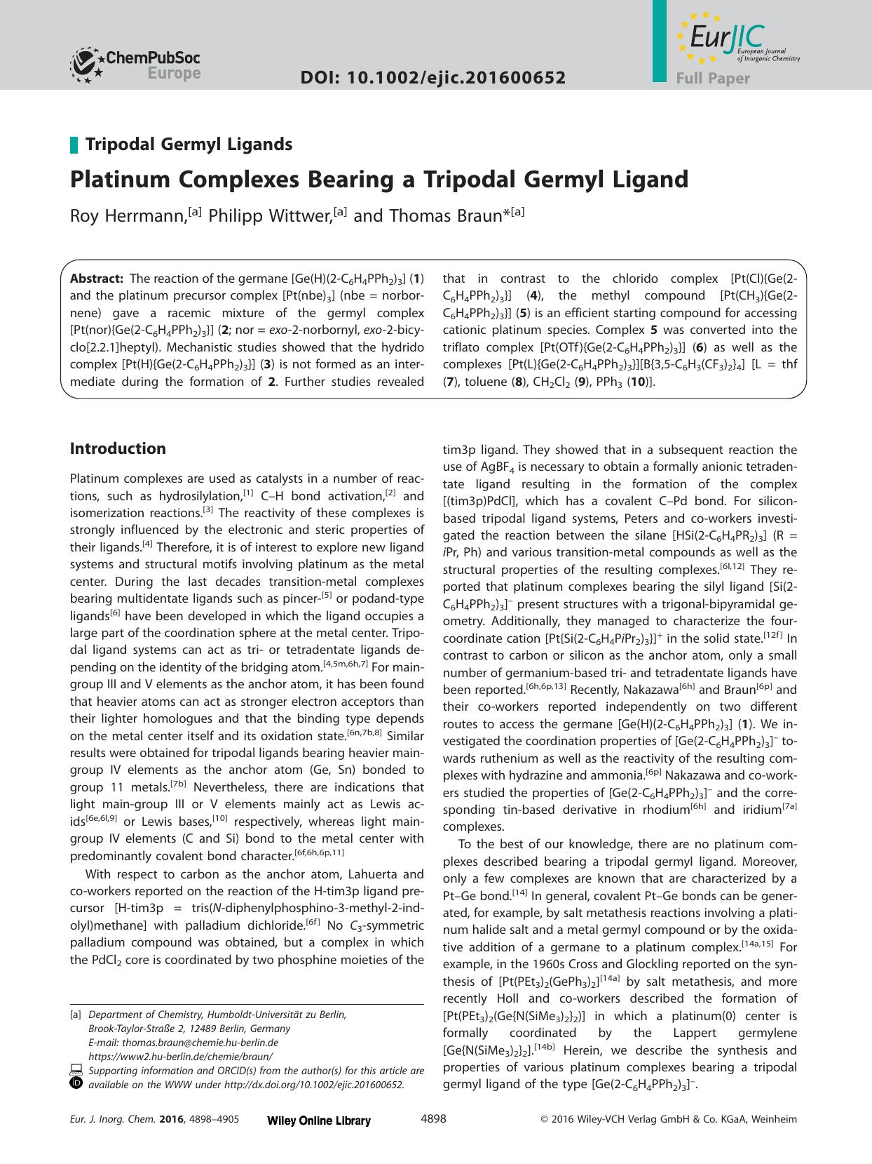 Platinum Complexes Bearing a Tripodal Germyl Ligand by Unknown