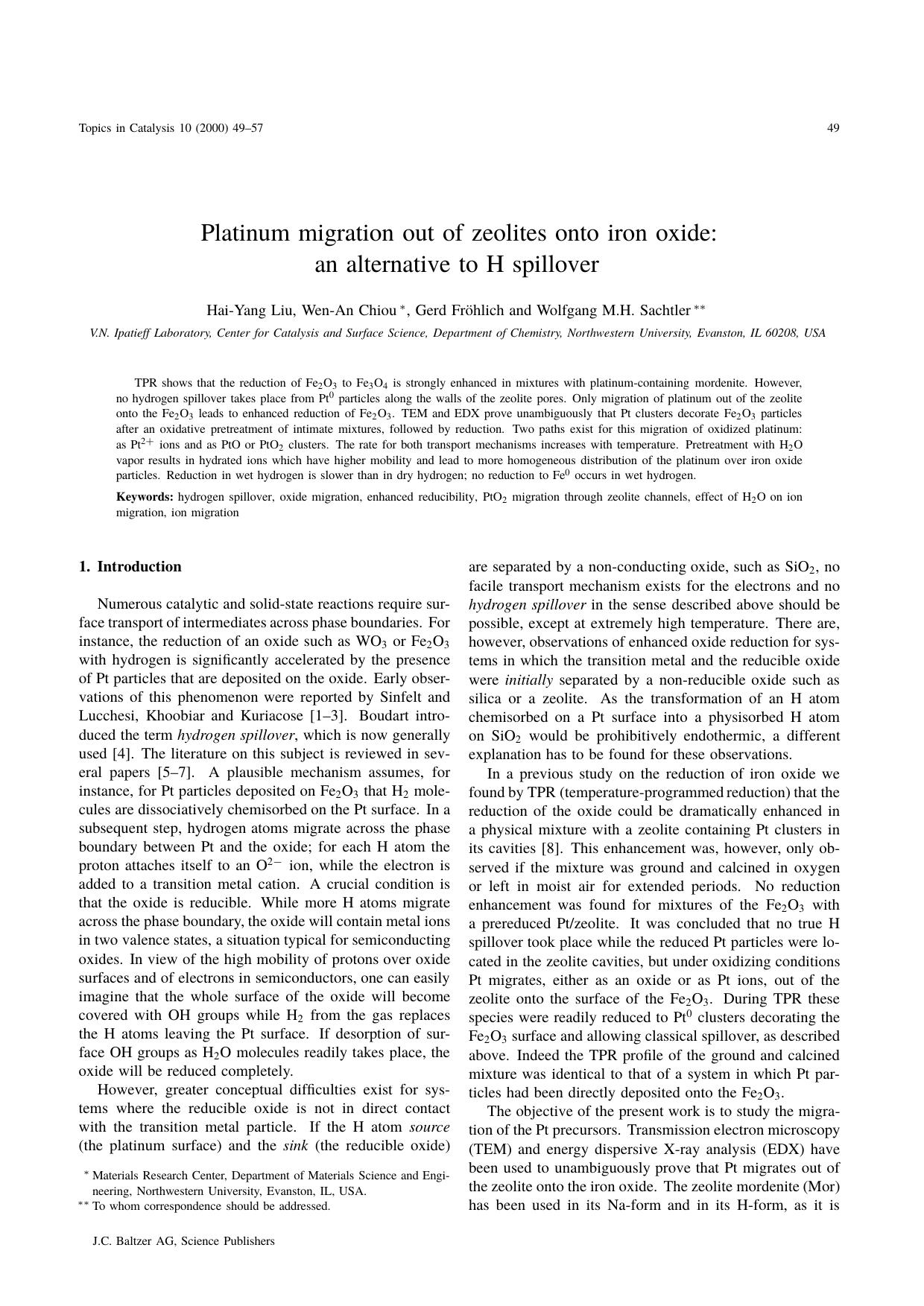 Platinum migration out of zeolites onto iron oxide: an alternative to H spillover by Unknown