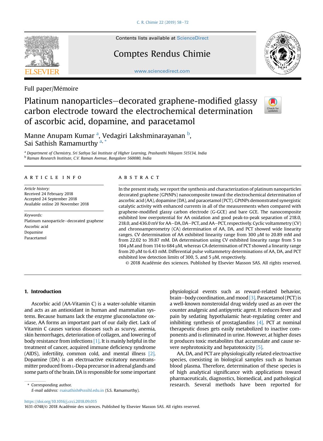 Platinum nanoparticles-decorated graphene-modified glassy carbon electrode toward the electrochemical determination of ascorbic acid, dopamine, and paracetamol by Manne Anupam Kumar & Vedagiri Lakshminarayanan & Sai Sathish Ramamurthy