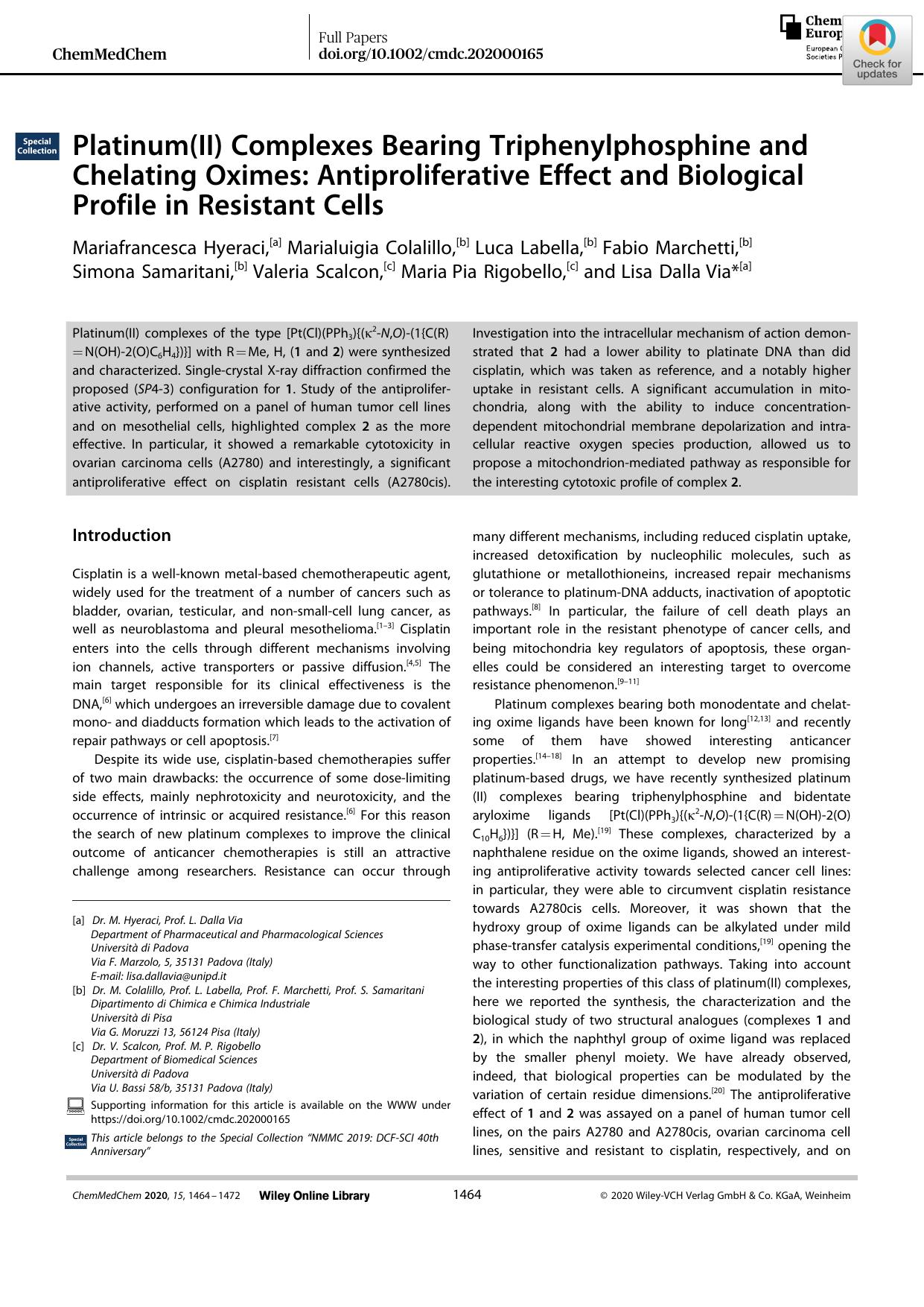 Platinum(II) Complexes Bearing Triphenylphosphine and Chelating Oximes: Antiproliferative Effect and Biological Profile in Resistant Cells by Unknown
