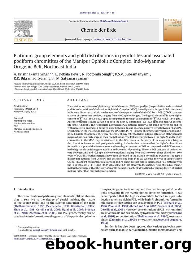 Platinum-group elements and gold distributions in peridotites and associated podiform chromitites of the Manipur Ophiolitic Complex, Indo-Myanmar Orogenic Belt, Northeast India by A. Krishnakanta Singh