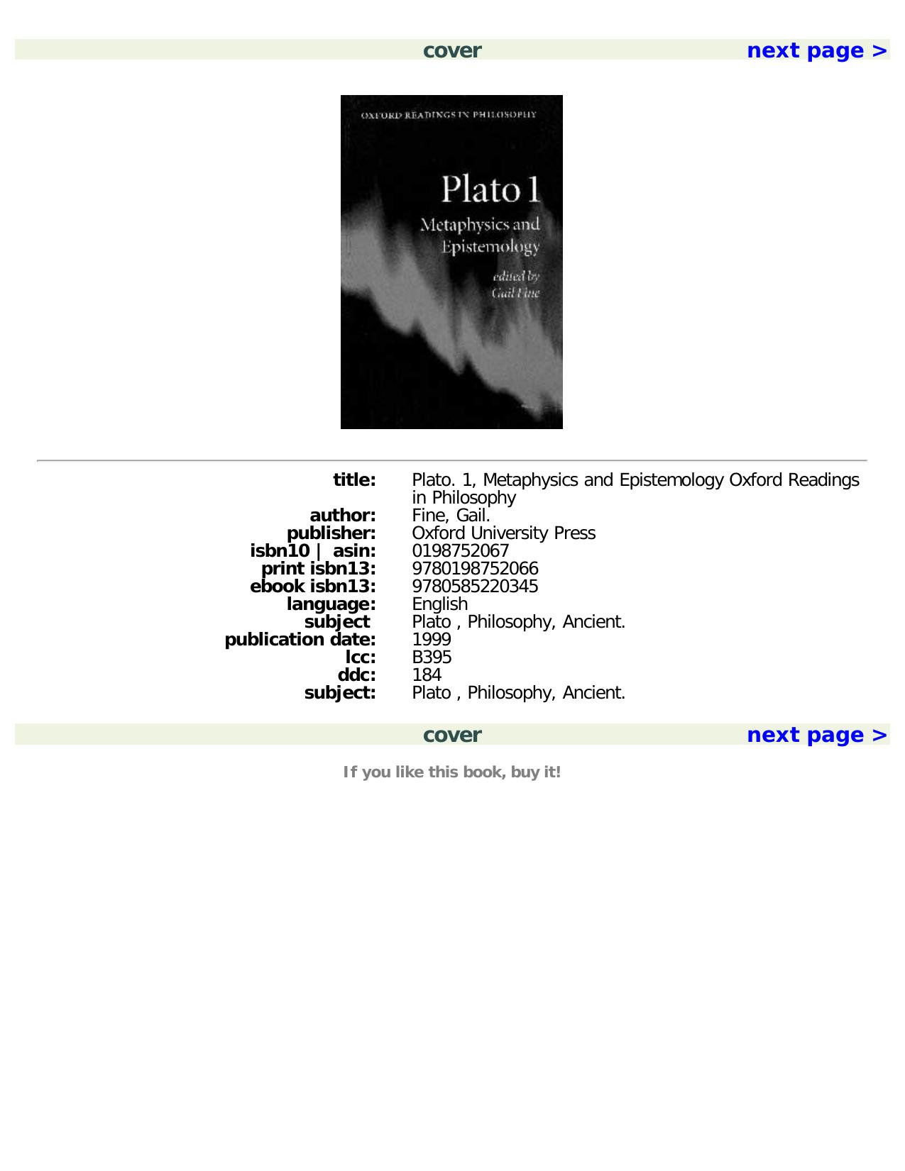 Plato 1: Metaphysics and Epistemology (Oxford Readings in Philosophy) (Vol 1) by Gail Fine