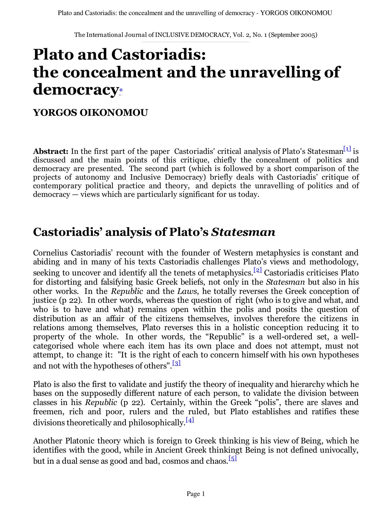Plato and Castoriadis: the conc by nikos