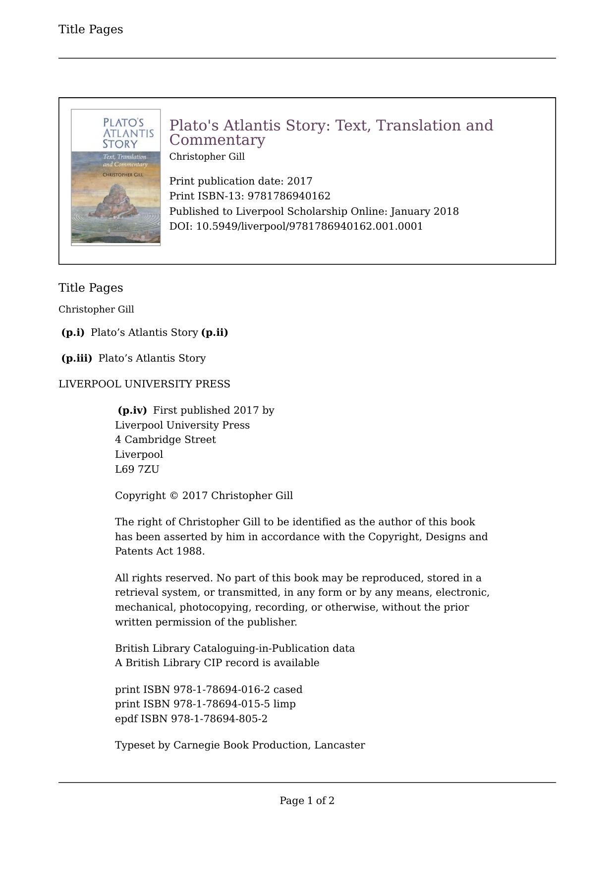 Plato's Atlantis Story: Text, Translation and Commentary by Christopher Gill