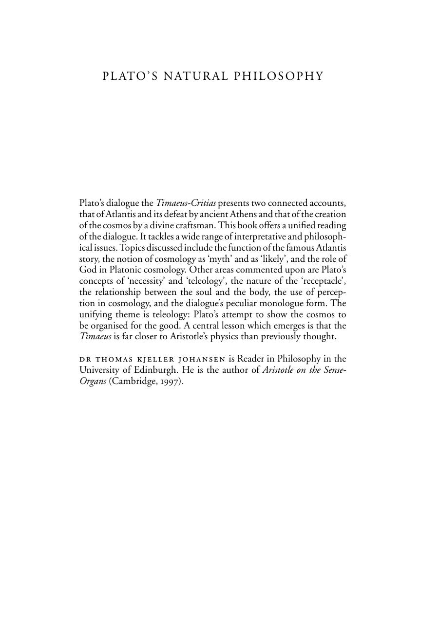 Plato's Natural Philosophy: A Study of the Timaeus-Critias by Thomas Kjeller Johansen