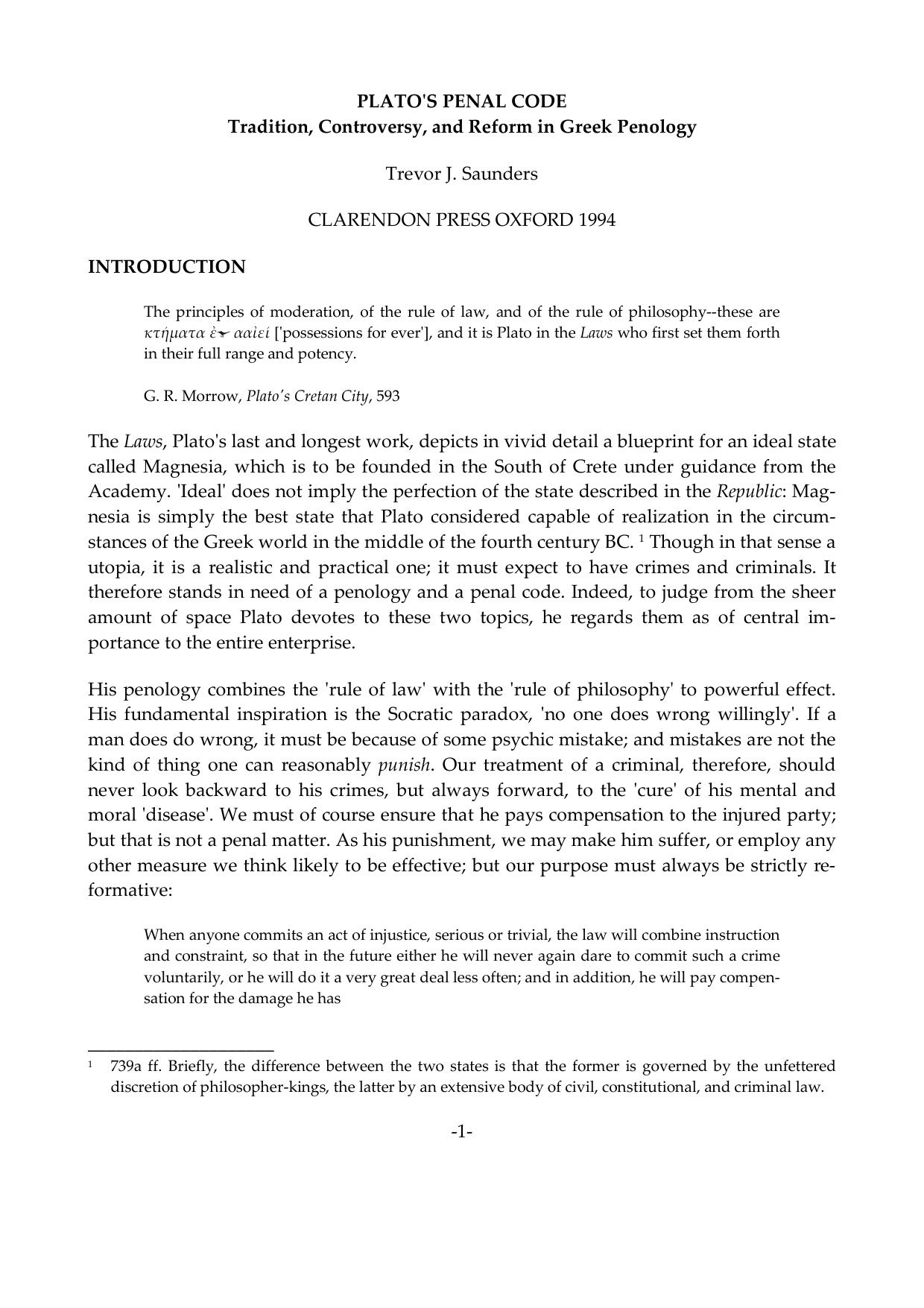 Plato's Penal Code: Tradition, Controversy, and Reform in Greek Penology by Trevor J. Saunders