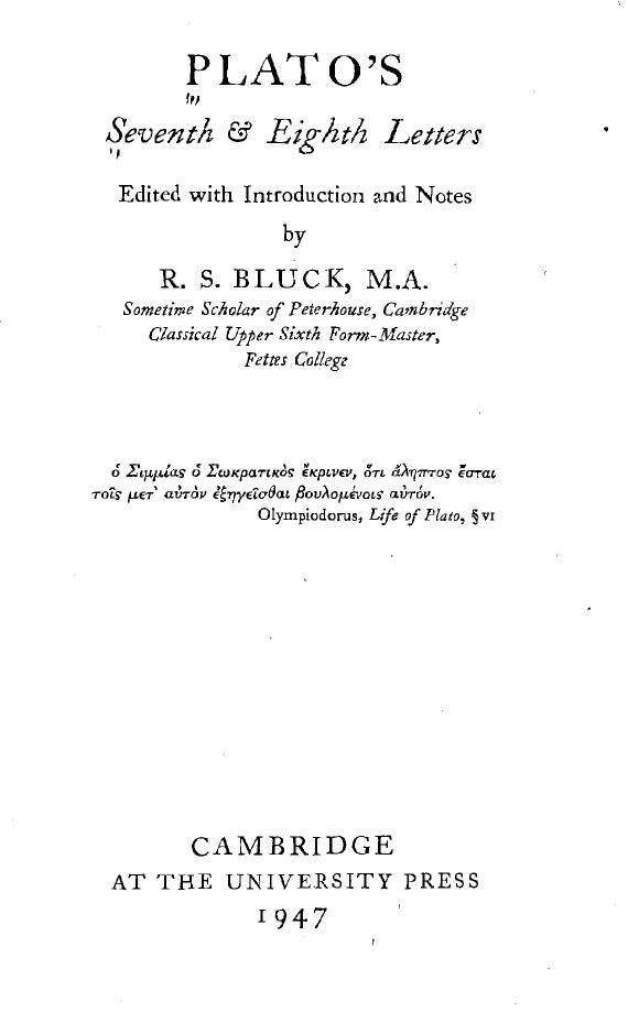 Plato's Seventh & Eighth Letters by Richard Stanley Bluck
