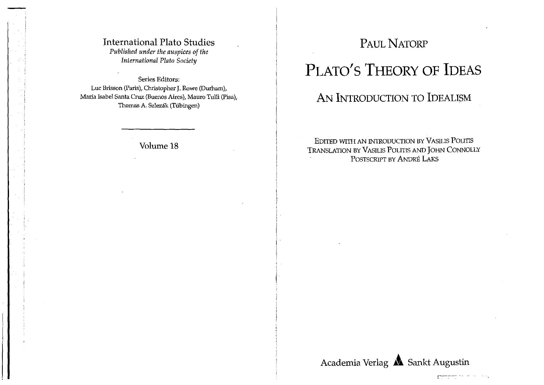 Platos's Theory of Ideas: An Introduction to Idealism by Paul Natorp