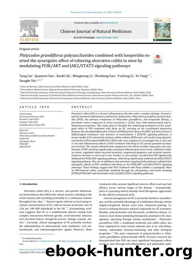 Platycodon grandiflorus polysaccharides combined with hesperidin exerted the synergistic effect of relieving ulcerative colitis in mice by modulating PI3KAKT and JAK2STAT3 signaling pathways by Yang Liu & Quanwei Sun & Xuefei Xu & Mengmeng Li & Wenheng Gao & Yunlong Li & Ye Yang & Dengke Yin