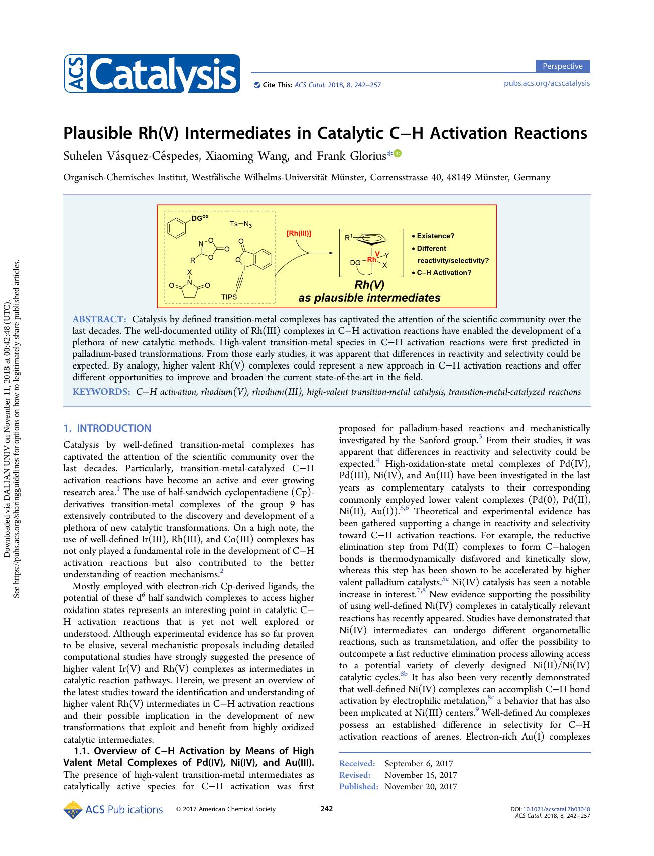 Plausible Rh(V) Intermediates in Catalytic CâH Activation Reactions by Suhelen Vásquez-Céspedes Xiaoming Wang & Frank Glorius