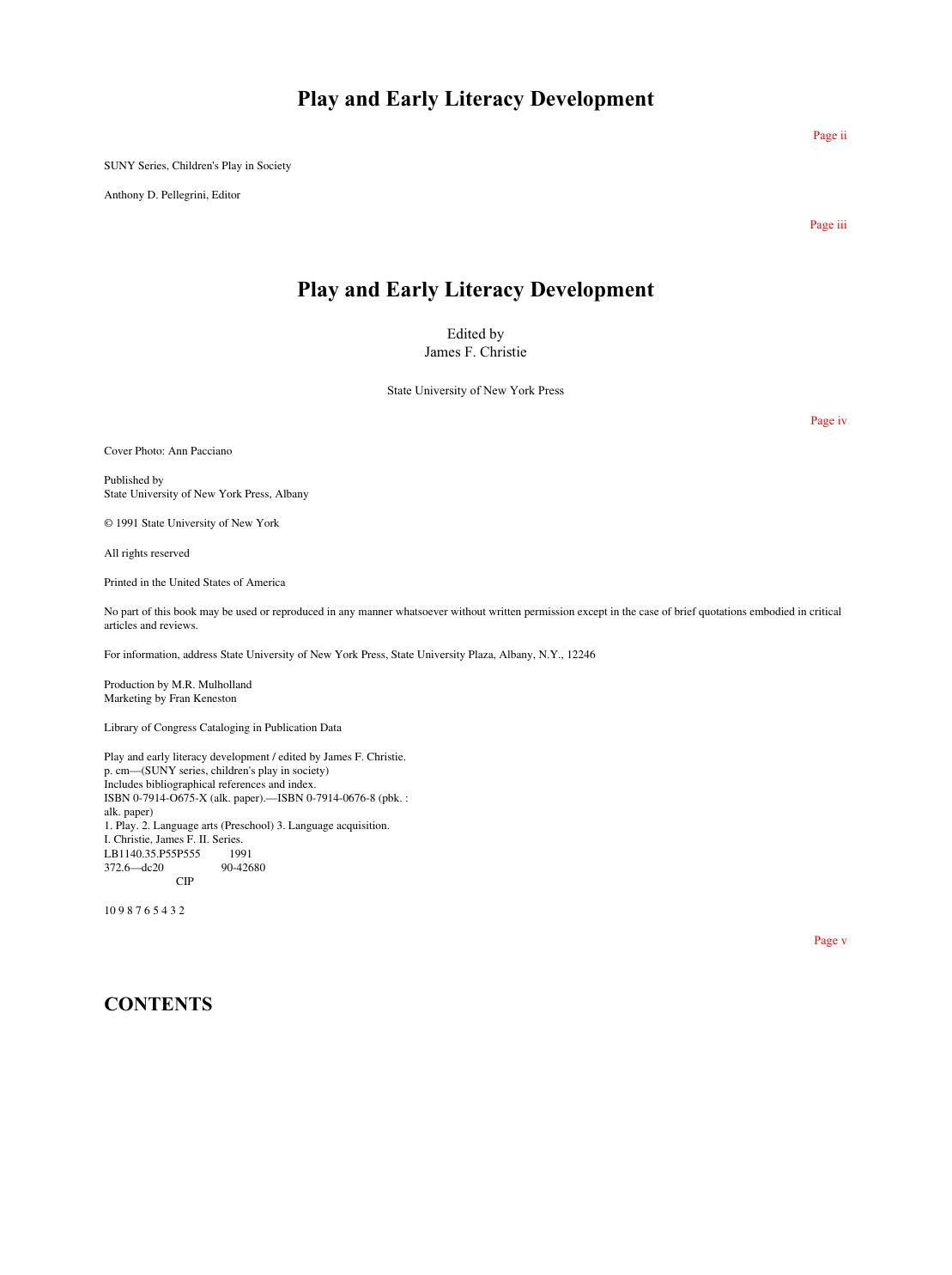 Play and Early Literacy Development by James F. Christie