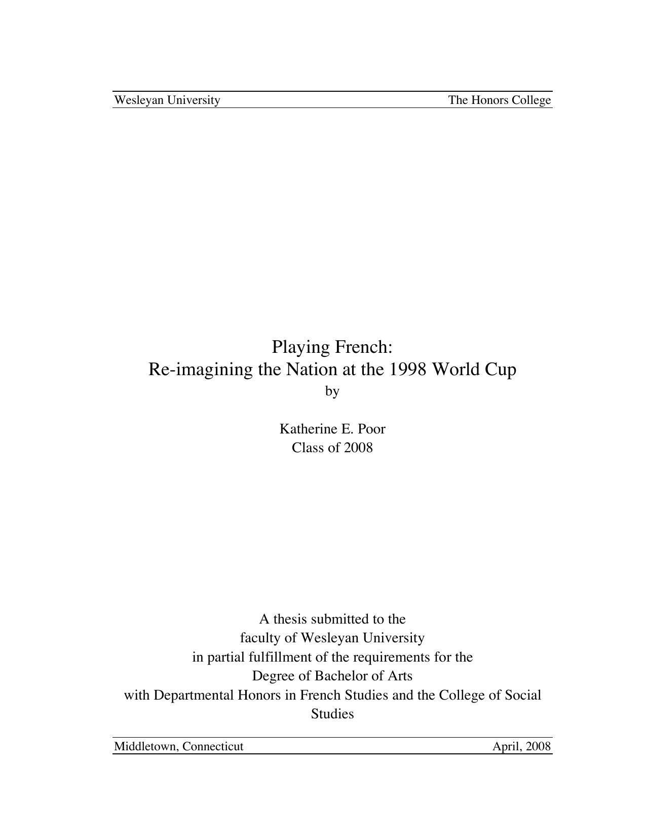 Playing French: Re-imagining the Nation at the 1998 World Cup by Poor K.E