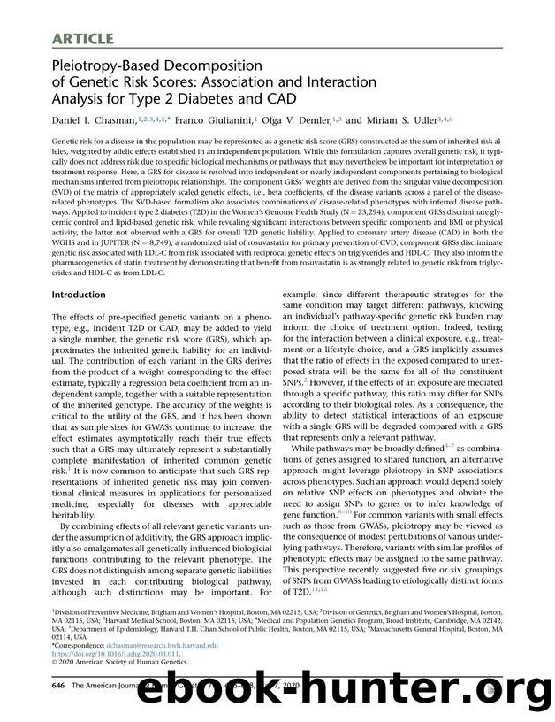 Pleiotropy-Based Decomposition of Genetic Risk Scores: Association and Interaction Analysis for Type 2 Diabetes and CAD by Daniel I. Chasman & Franco Giulianini & Olga V. Demler & Miriam S. Udler