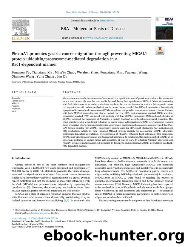 PlexinA1 promotes gastric cancer migration through preventing MICAL1 protein ubiquitinproteasome-mediated degradation in a Rac1-dependent manner by unknow