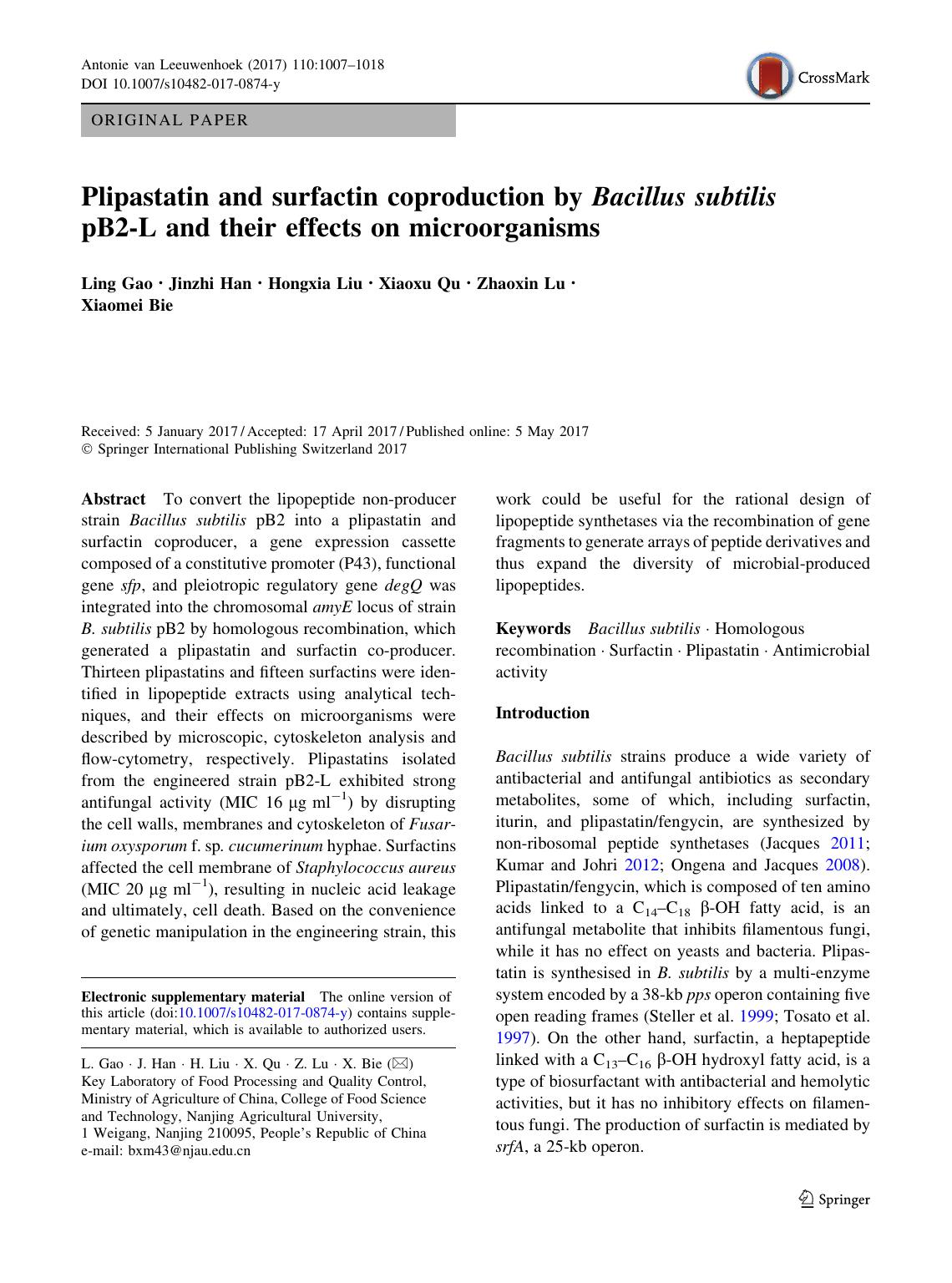 Plipastatin and surfactin coproduction by Bacillus subtilis pB2-L and their effects on microorganisms by Ling Gao & Jinzhi Han & Hongxia Liu & Xiaoxu Qu & Zhaoxin Lu & Xiaomei Bie