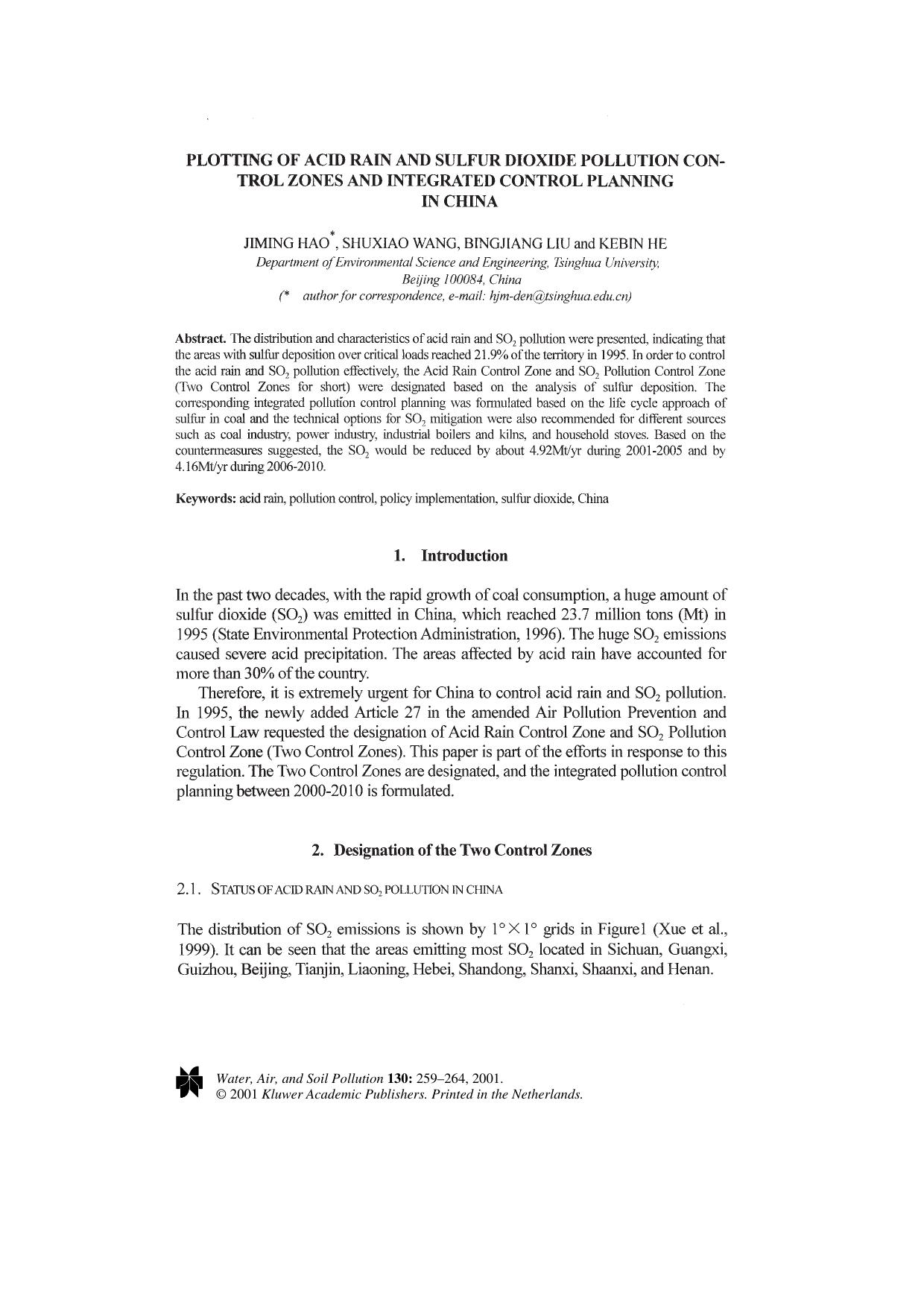Plotting of Acid Rain and Sulfur Dioxide Pollution Control Zones and Integrated Control Planning in China by Unknown