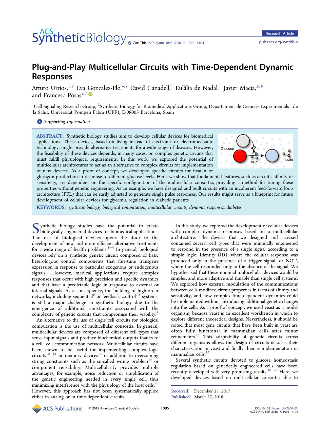 Plug-and-Play Multicellular Circuits with Time-Dependent Dynamic Responses by Arturo Urrios Eva Gonzalez-Flo David Canadell Eulàlia de Nadal Javier Macia and Francesc Posas