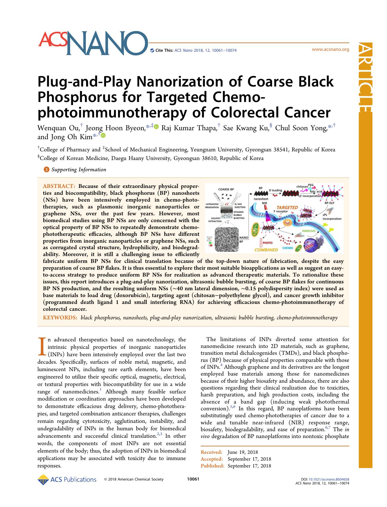 Plug-and-Play Nanorization of Coarse Black Phosphorus for Targeted Chemo-photoimmunotherapy of Colorectal Cancer by Wenquan Ou Jeong Hoon Byeon Raj Kumar Thapa Sae Kwang Ku Chul Soon Yong and Jong Oh Kim