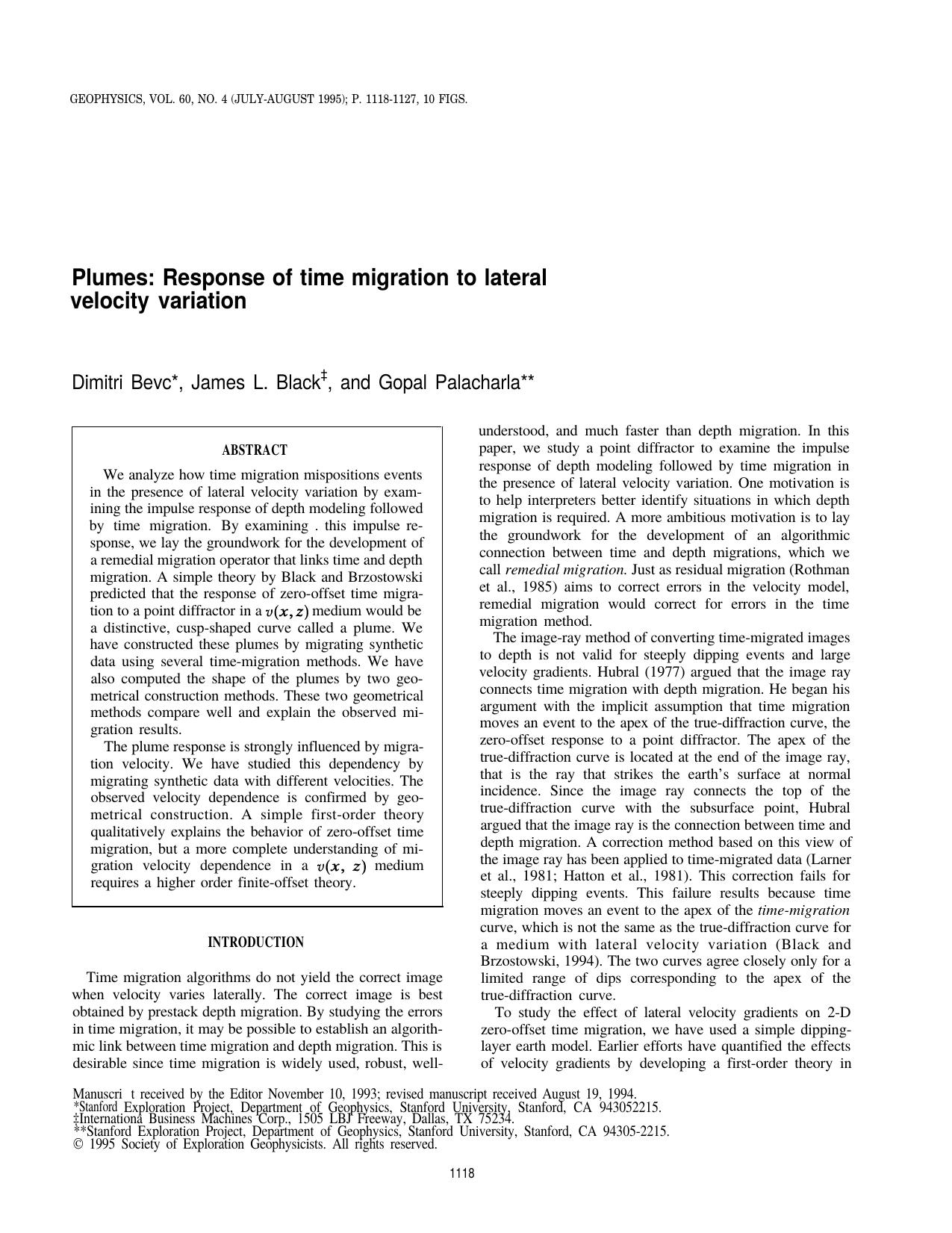 Plumes: Response of time migration to lateral velocity variation by J.L. Black G. Palacharla D. Bevc