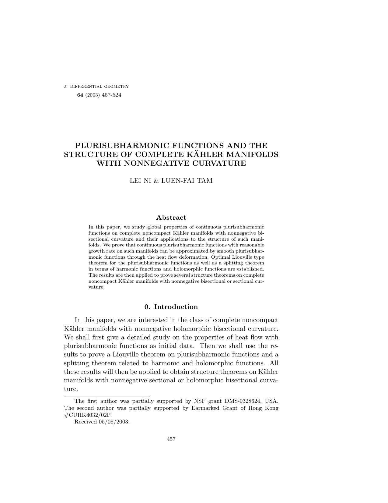Plurisubharmonic functions and the structure of complete K"ahler manifolds with nonnegative curvature by Lei Ni & Luen-Fai Tam