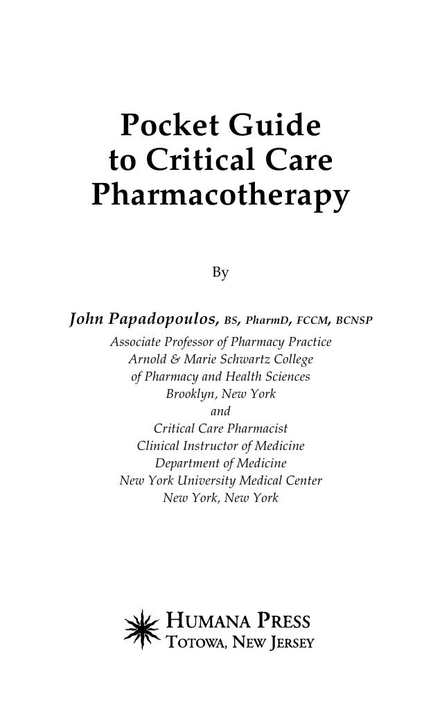 Pocket Guide to Critical Care Pharmacotherapy by John Papadopoulos