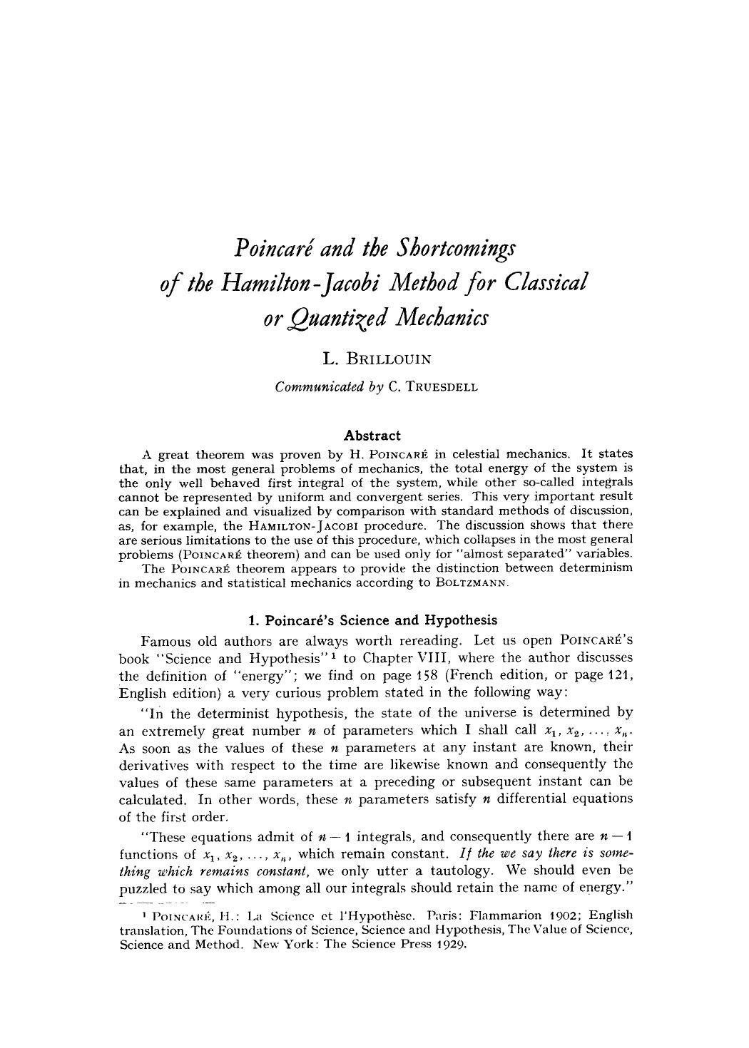 Poincar&#x00E9; and the shortcomings of the Hamilton-Jacobi method for classical or quantized mechanics by Unknown