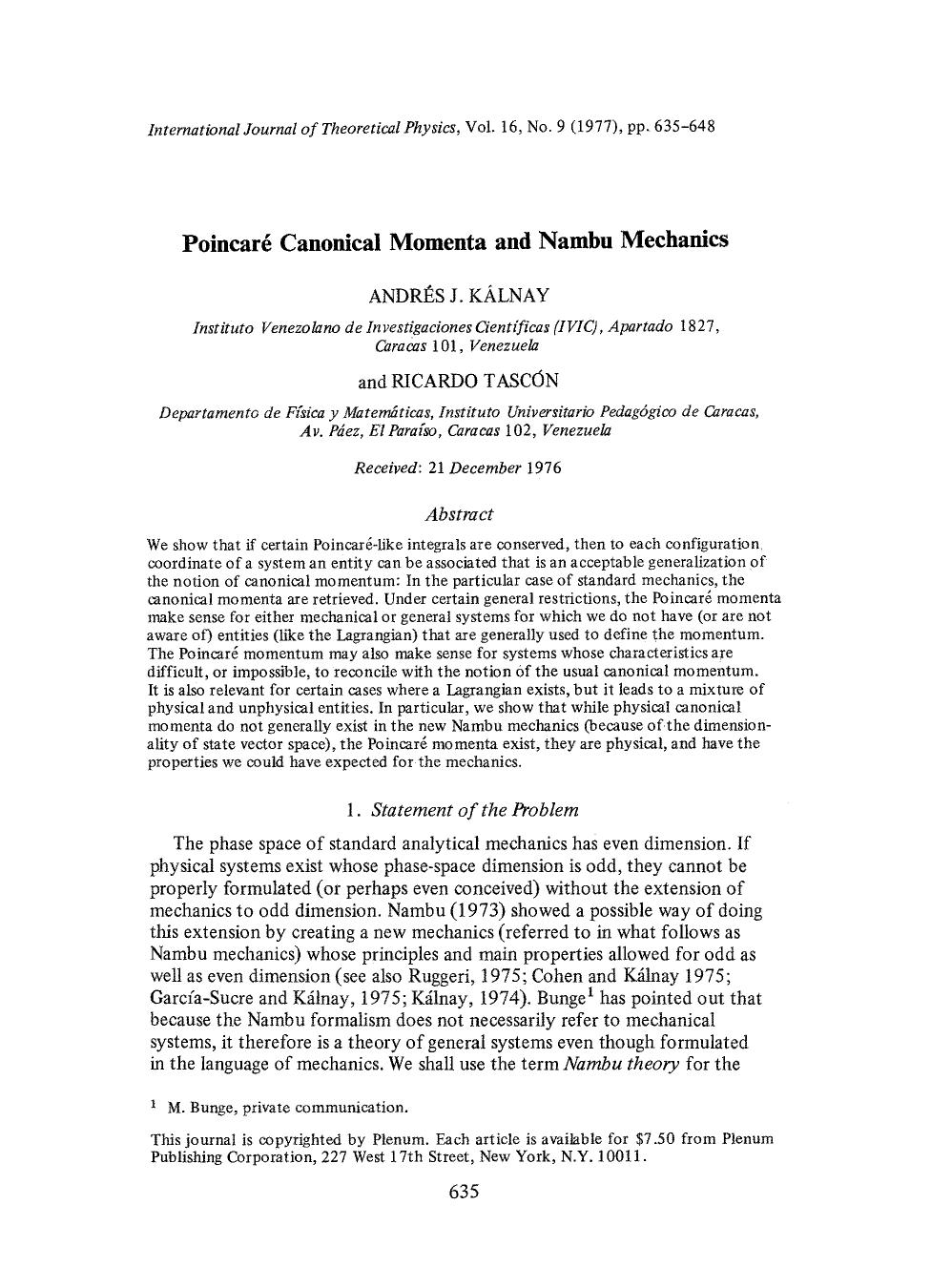 Poincar&#x00E9; canonical momenta and nambu mechanics by Unknown