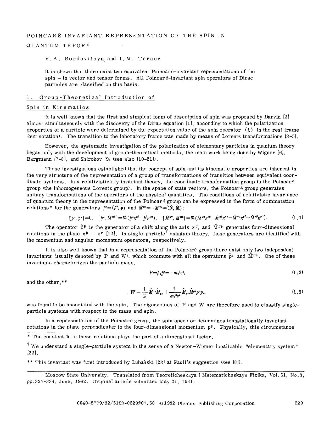 Poincar&#x00E9; invariant representation of the spin in quantum theory by Unknown