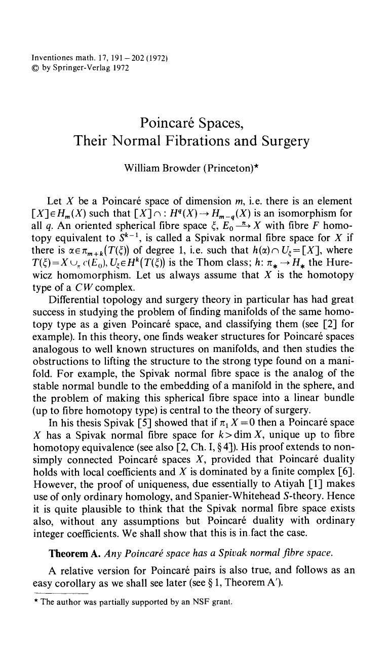 Poincaré spaces, their normal fibrations and surgery by Unknown