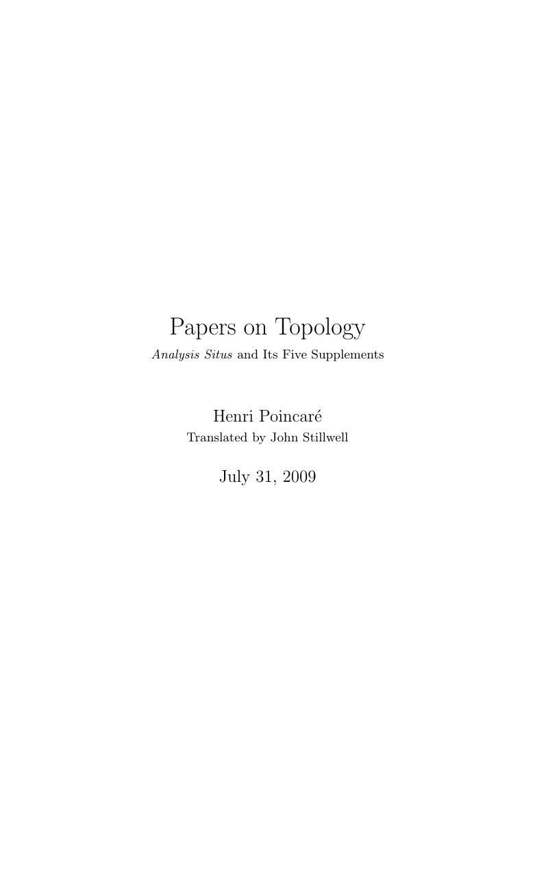 Poincare - Papers on Topology by Analysis Situs & Its Five Supplements