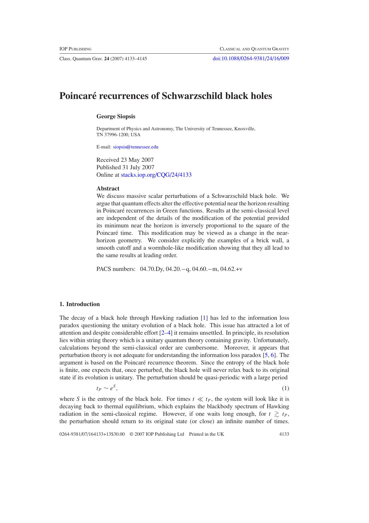 Poincare recurrences of Schwarzschild black holes by G Siopsis