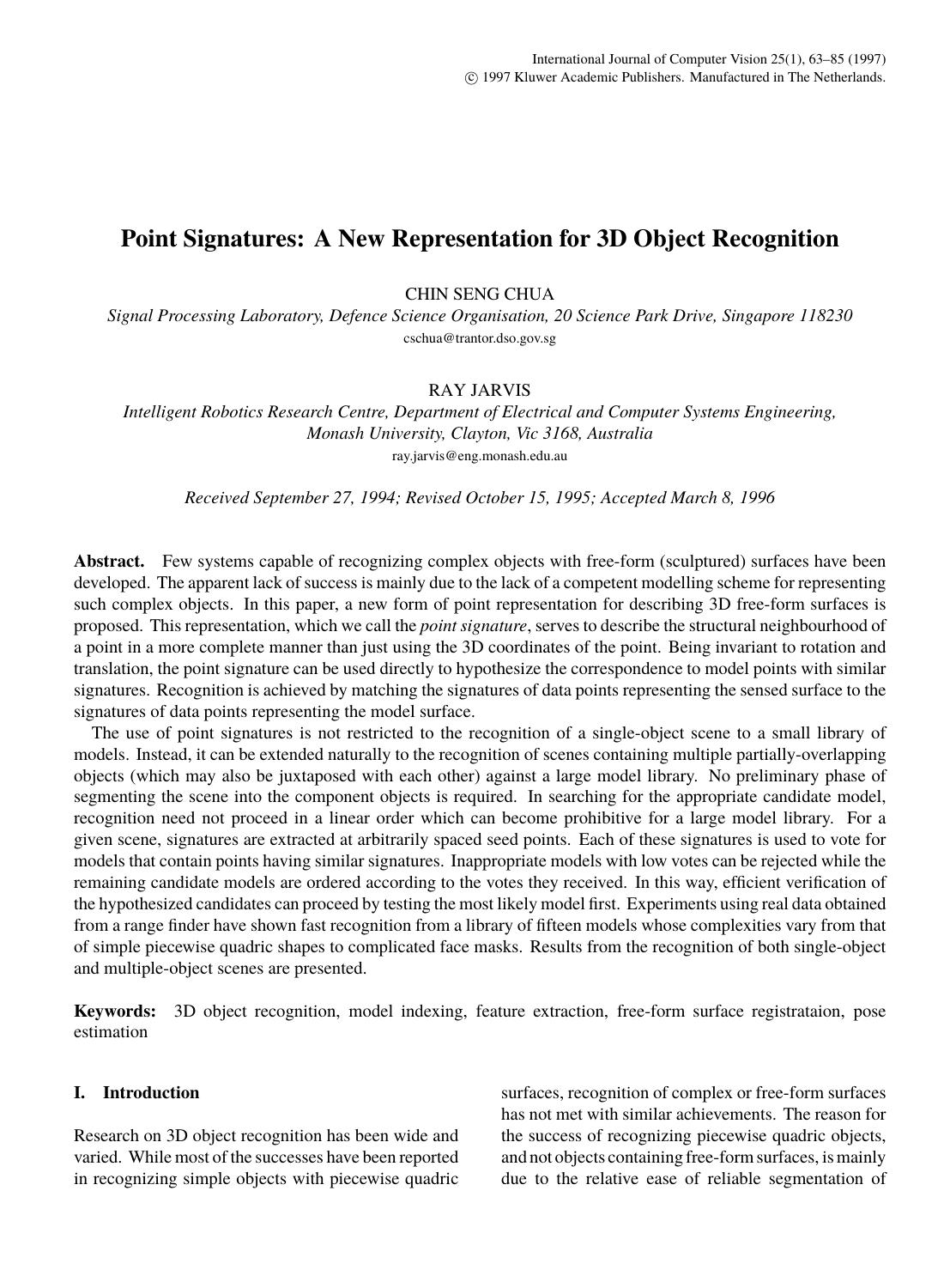 Point Signatures: A New Representation for 3D Object Recognition by Point Signatures A New Representation for 3D Object Recognition