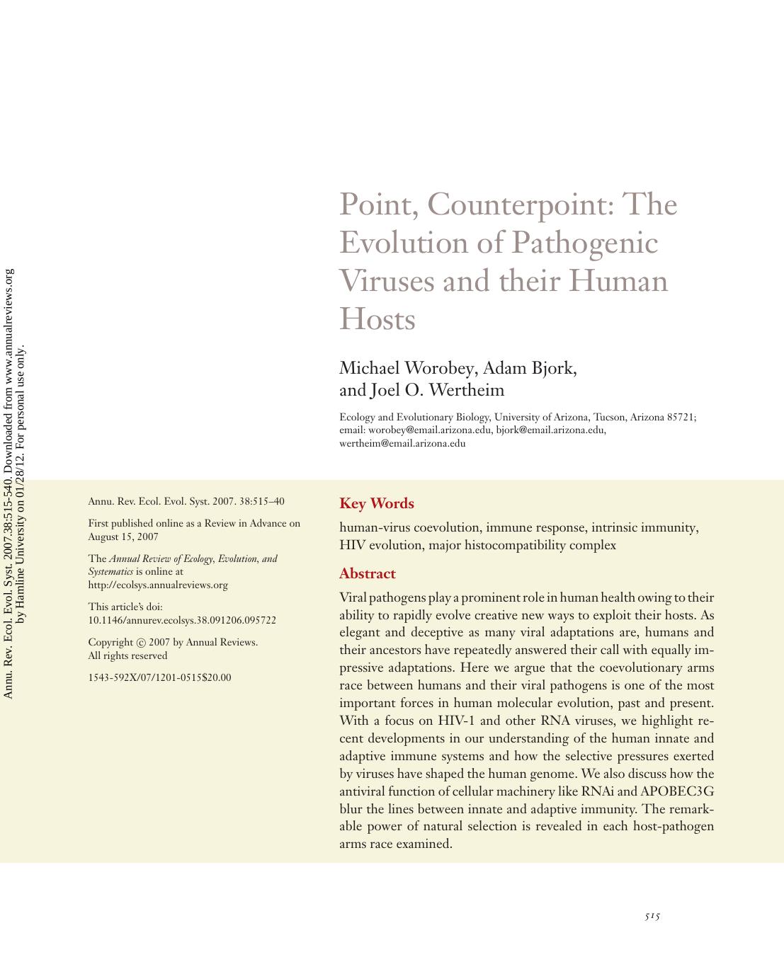 Point, Counterpoint: The Evolution of Pathogenic Viruses and their Human Hosts by Michael Worobey Adam Bjork & Joel O. Wertheim