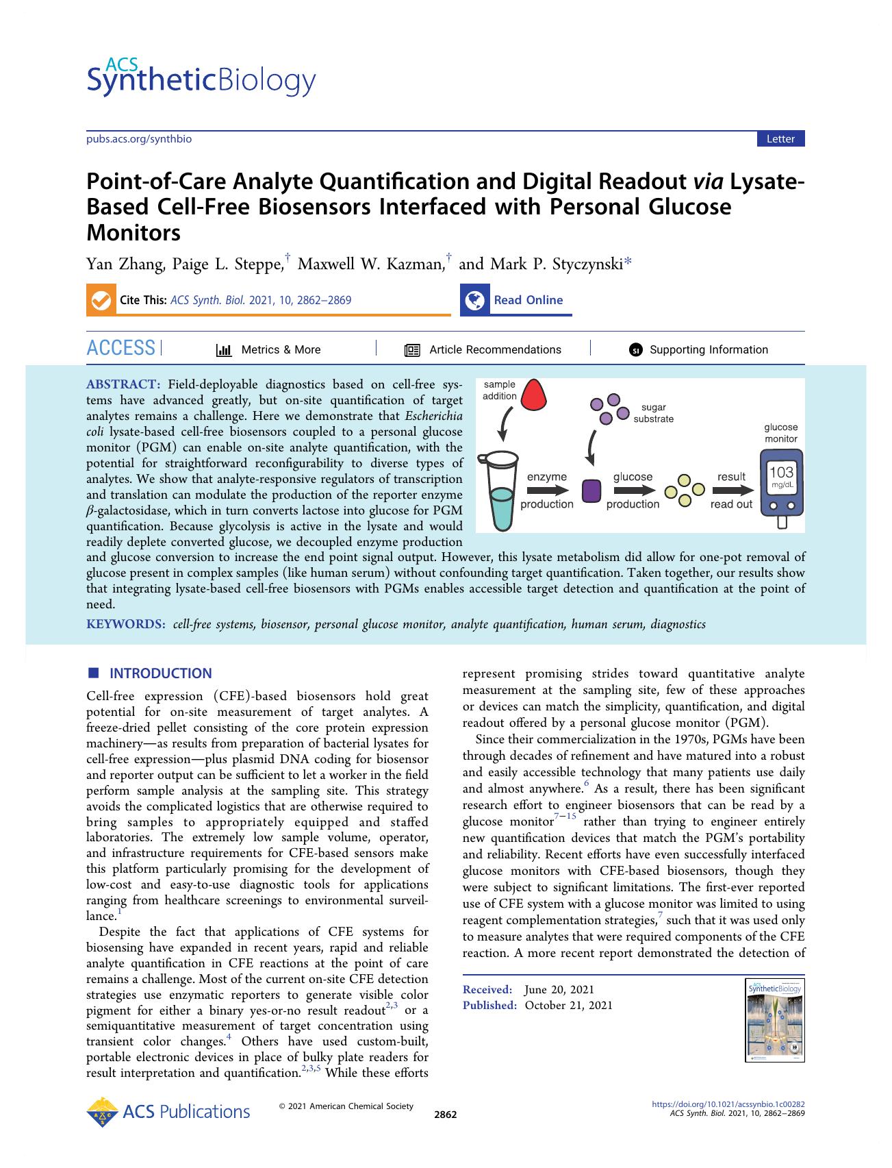 Point-of-Care Analyte Quantification and Digital Readout via Lysate-Based Cell-Free Biosensors Interfaced with Personal Glucose Monitors by Yan Zhang Paige L. Steppe Maxwell W. Kazman and Mark P. Styczynski