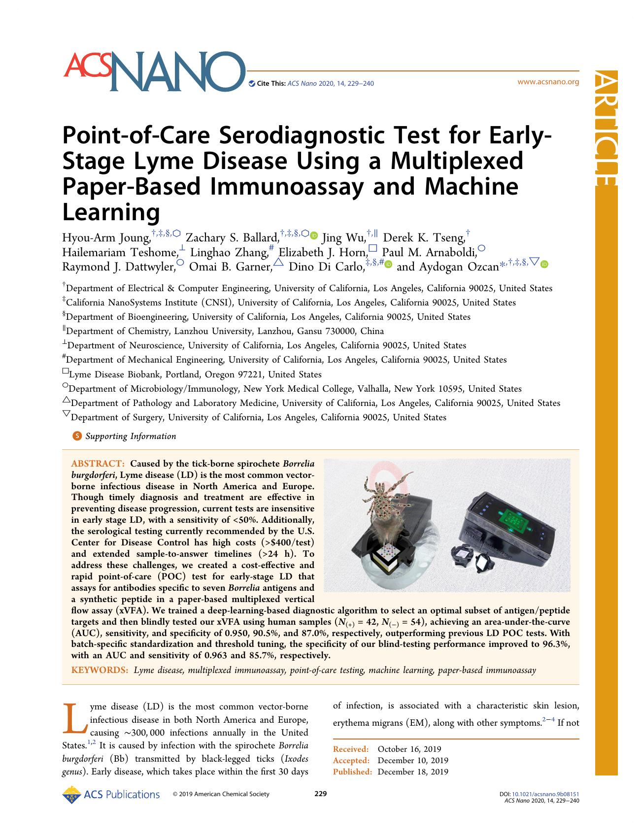Point-of-Care Serodiagnostic Test for Early-Stage Lyme Disease Using a Multiplexed Paper-Based Immunoassay and Machine Learning by unknow
