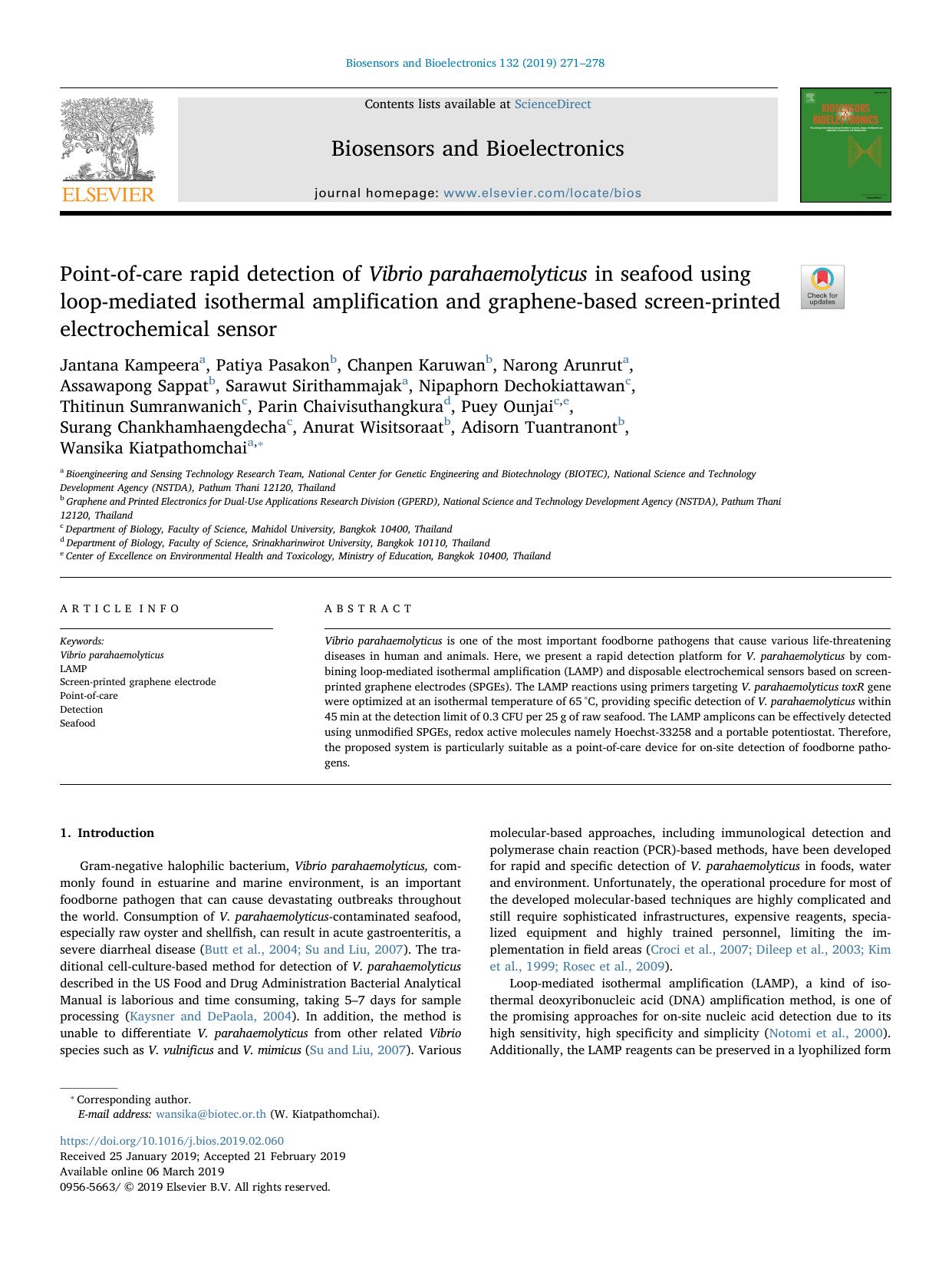 Point-of-care rapid detection of Vibrio parahaemolyticus in seafood using loop-mediated isothermal amplification and graphene-based screen-printed electrochemical sensor by unknow