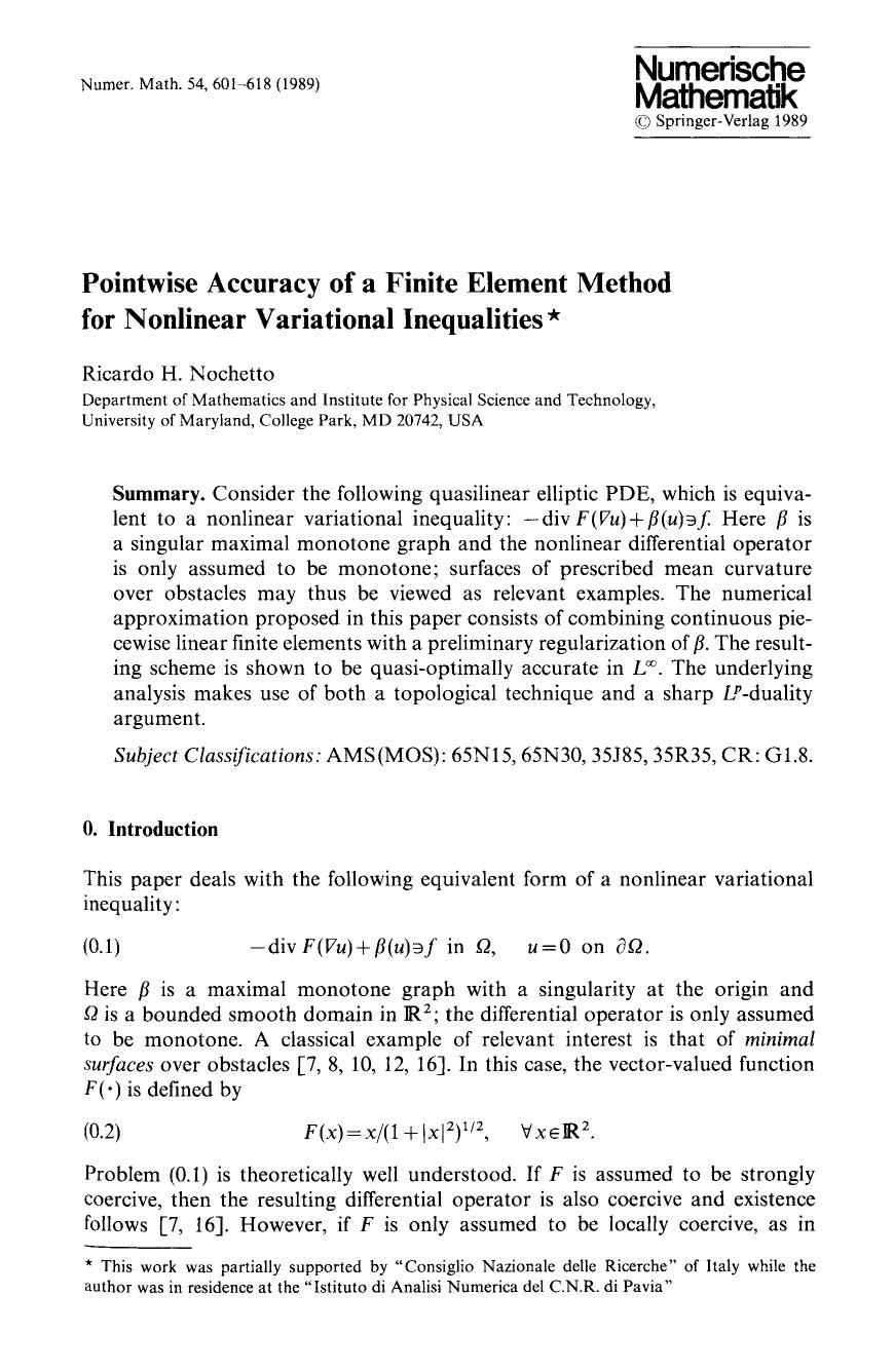 Pointwise accuracy of a finite element method for nonlinear variational inequalities by Unknown