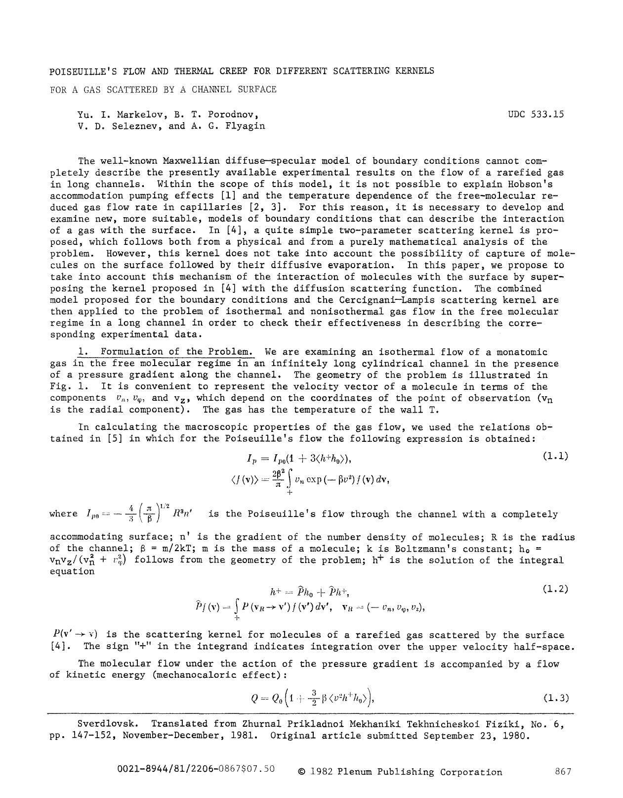 Poiseuille's flow and thermal creep for different scattering kernels for a gas scattered by a channel surface by Unknown