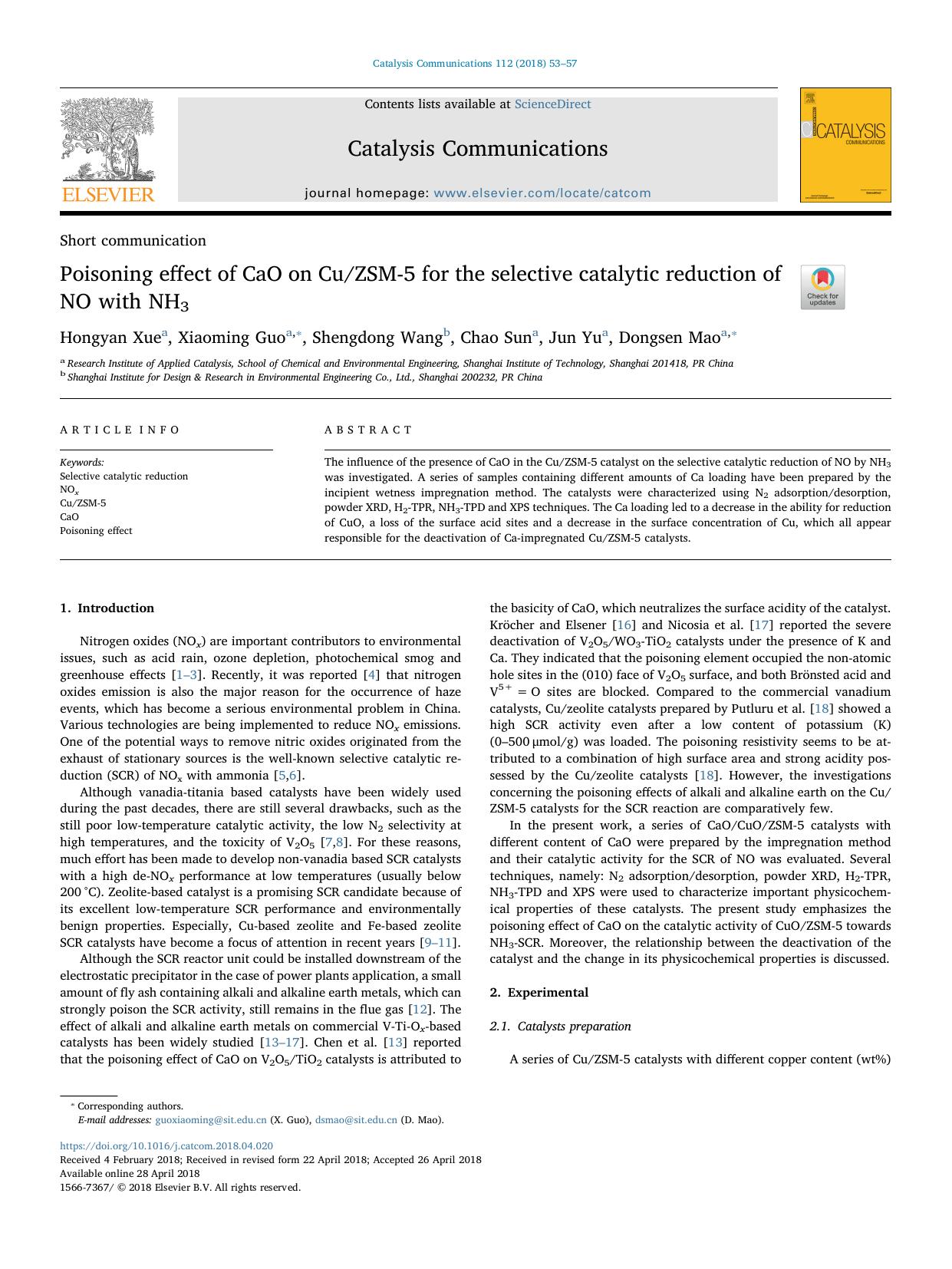 Poisoning effect of CaO on CuZSM-5 for the selective catalytic reduction of NO with NH3 by Hongyan Xue & Xiaoming Guo & Shengdong Wang & Chao Sun & Jun Yu & Dongsen Mao