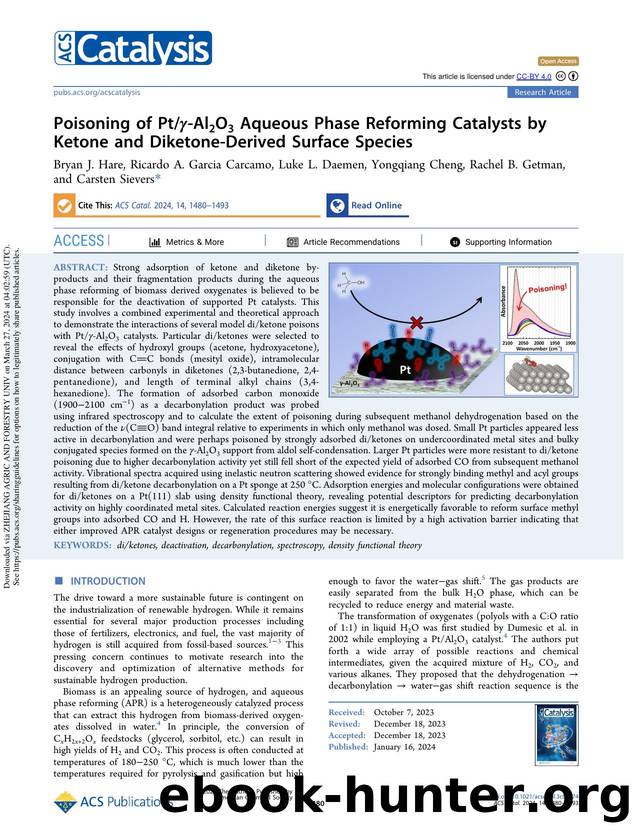 Poisoning of PtÎ³-Al2O3 Aqueous Phase Reforming Catalysts by Ketone and Diketone-Derived Surface Species by unknow