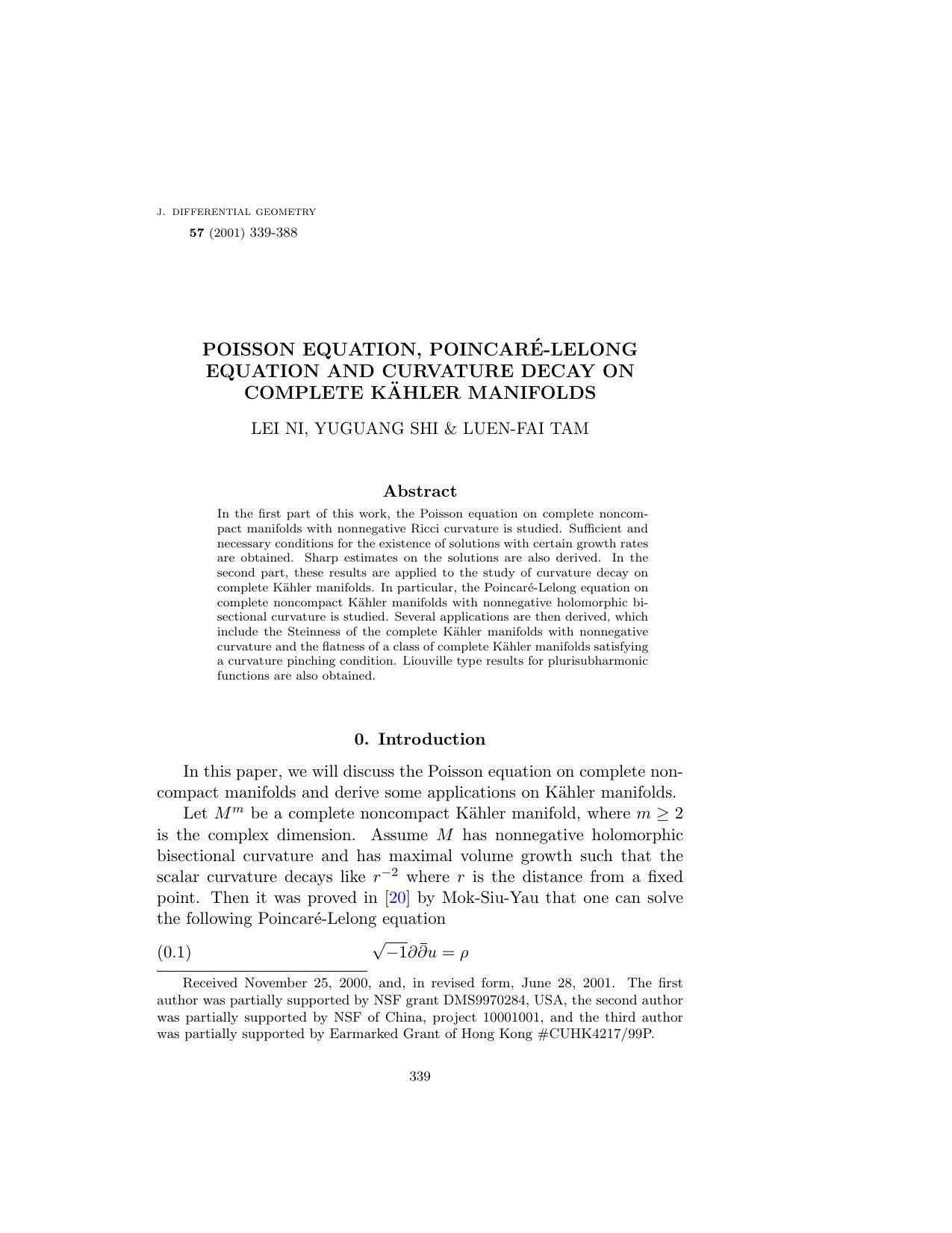 Poisson equation, Poincar'e-Lelong equation and curvature decay on complete K"ahler manifolds by Lei Ni Yuguang Shi & Luen-Fai Tam