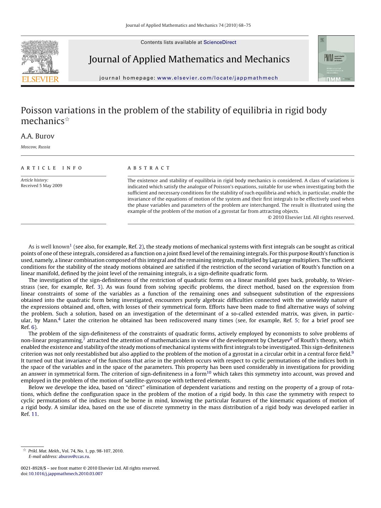 Poisson variations in the problem of the stability of equilibria in rigid body mechanics by A.A. Burov
