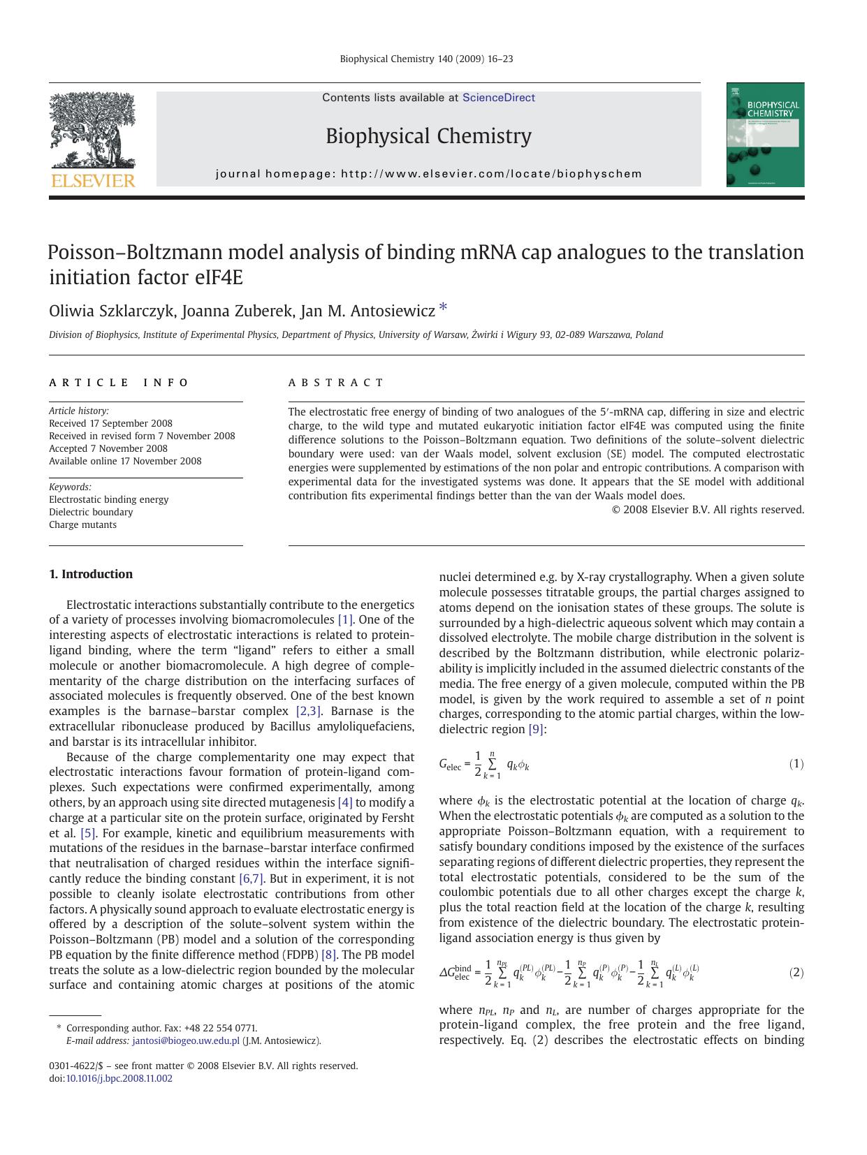 PoissonâBoltzmann model analysis of binding mRNA cap analogues to the translation initiation factor eIF4E by Oliwia Szklarczyk; Joanna Zuberek; Jan M. Antosiewicz