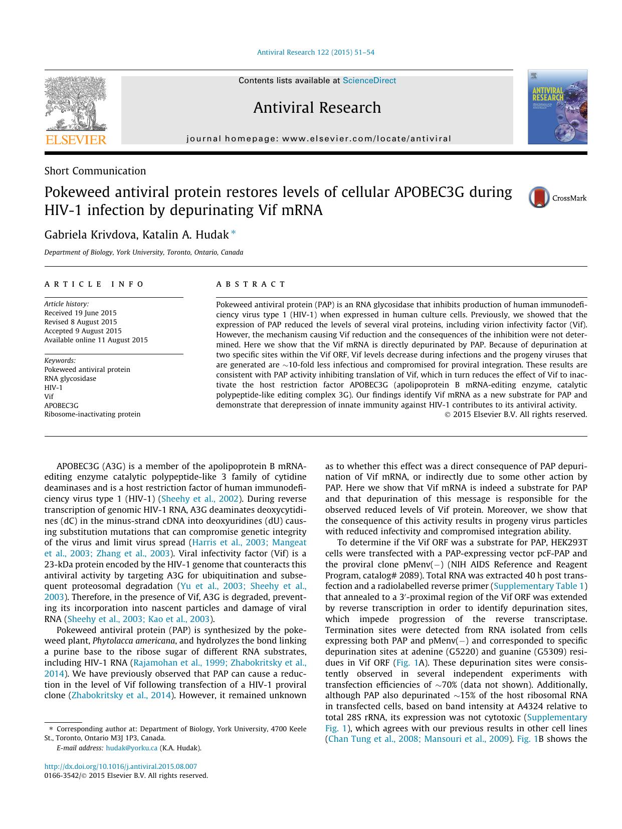 Pokeweed antiviral protein restores levels of cellular APOBEC3G during HIV-1 infection by depurinating Vif mRNA by Gabriela Krivdova & Katalin A. Hudak