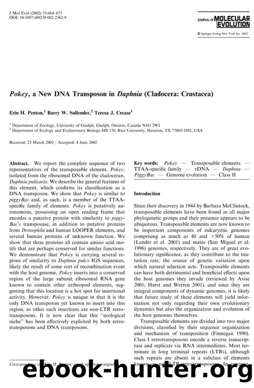 Pokey, a New DNA Transposon in Daphnia (Cladocera: Crustacea) by Penton E.H. et al