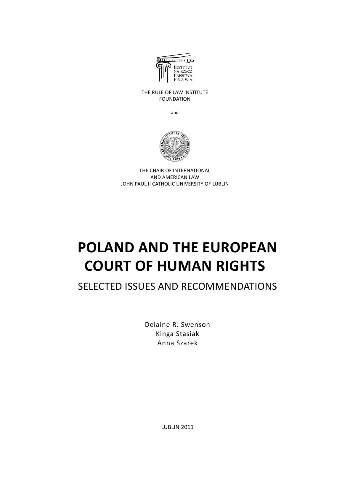 Poland and the European Court of Human Rights: Selected Issues and Recommendations by Swenson D.R. Stasiak K. Szarek A