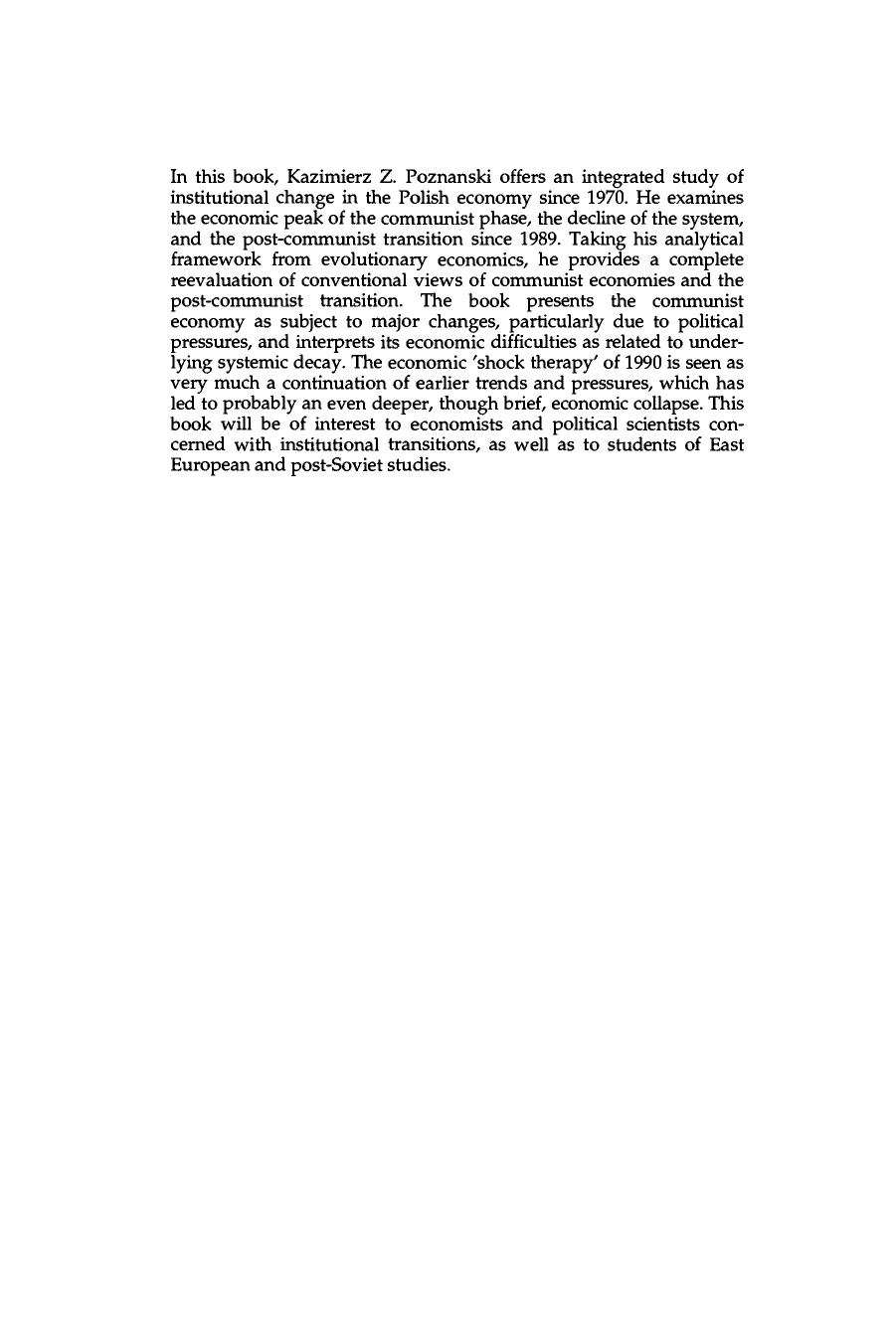 Poland’s Protracted Transition: Institutional Change and Economic Growth, 1970-1994 by Kazimierz Z. Poznanski