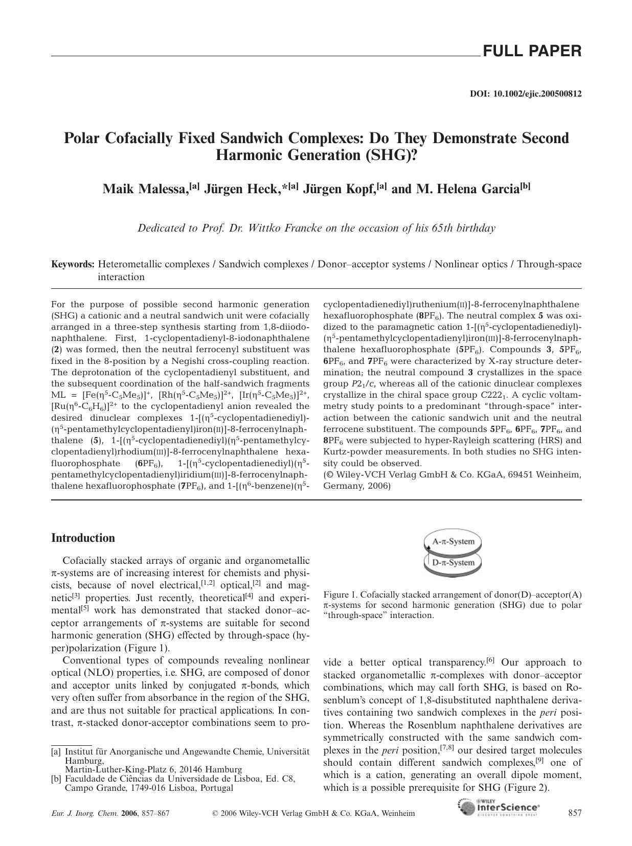 Polar Cofacially Fixed Sandwich Complexes: Do They Demonstrate Second Harmonic Generation (SHG)? by Unknown